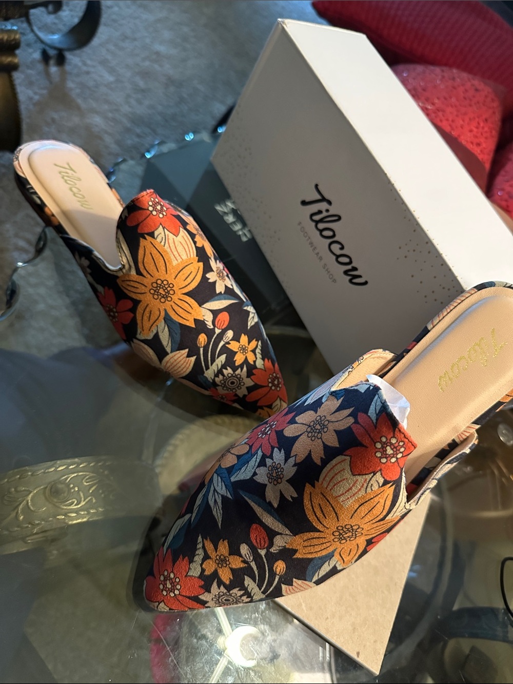 Floral Pointed-Toe Slip-On Mules in Navy and Orange - Picture 3 of 5